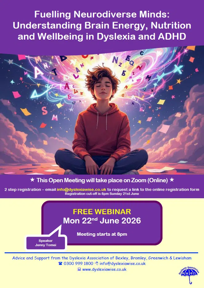 Promotional poster for a free webinar on brain energy and wellbeing in dyslexia and ADHD, featuring a meditating person with colorful energy spirals above purple banners.